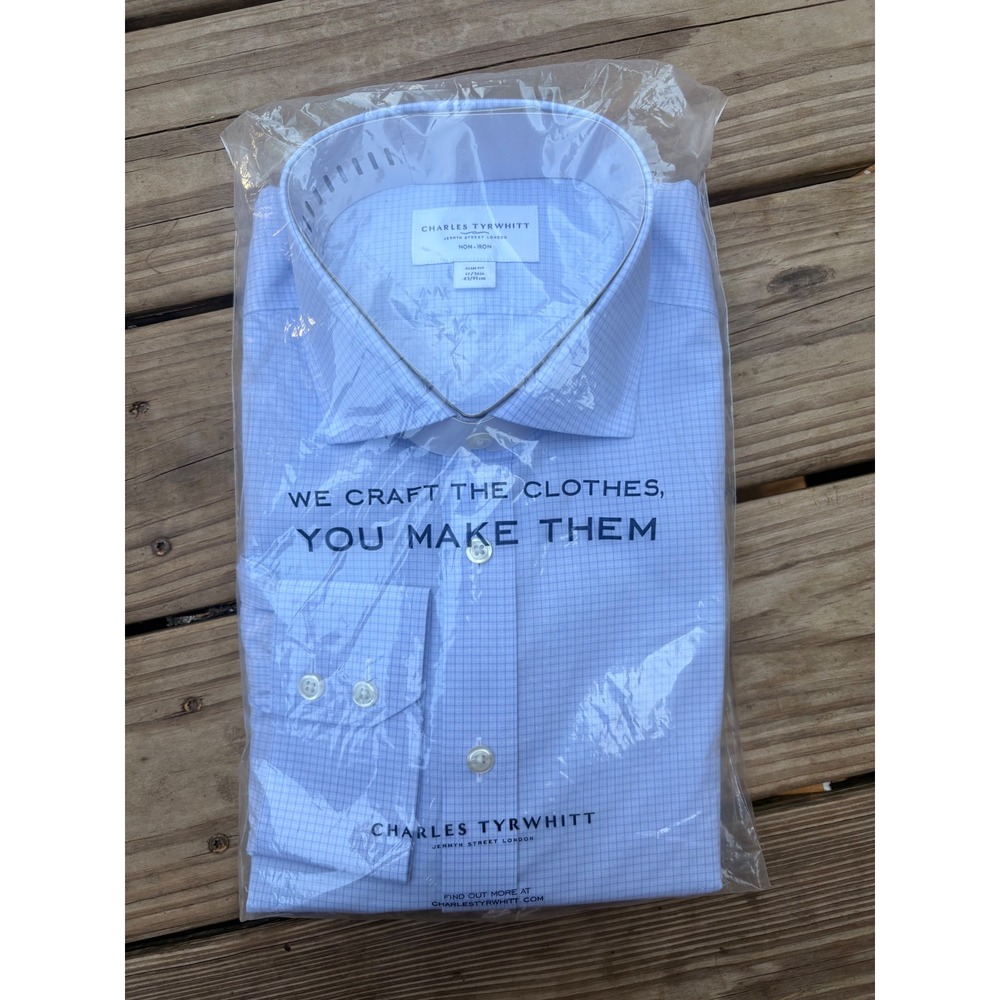 Charles Tyrwhitt Mid Blue Grid Check Non-Iron Slim Fit Dress Shirt 17/36 43/91cm